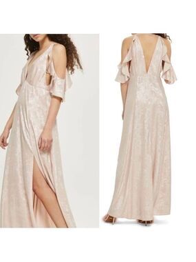 TOPSHOP pink champagne metallic cold shoulder maxi dress Womans size 2 NWOT